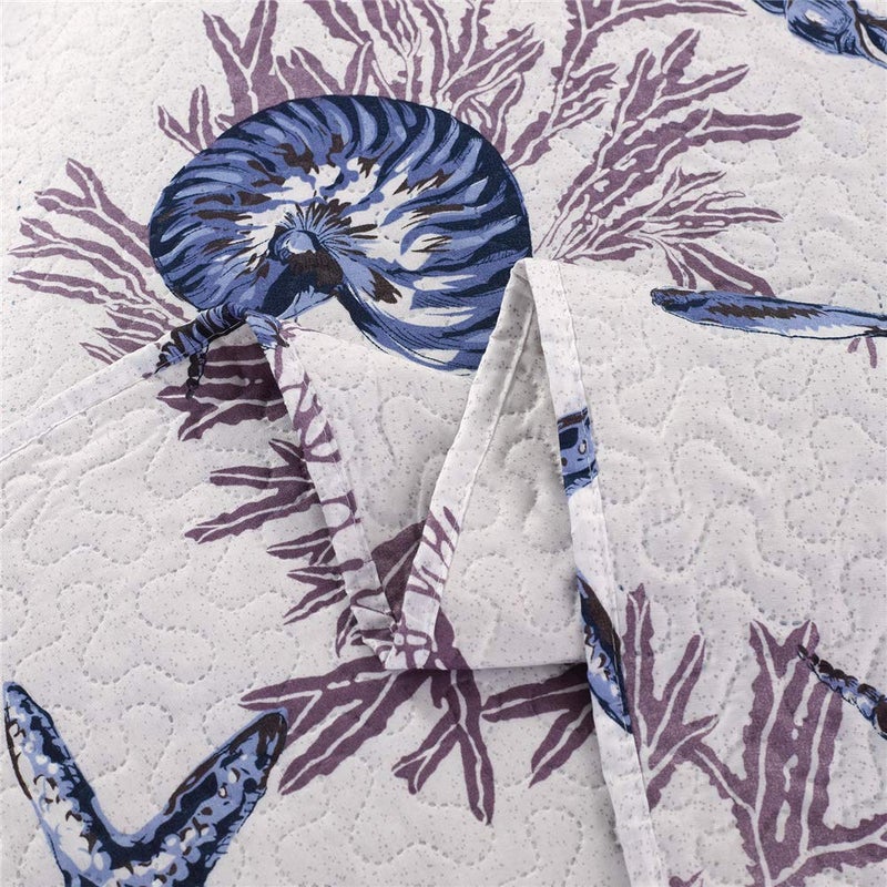 JessyHome King Size Beach Quilt Set - Lightweight Reversible Quilt, Bedspread & Coverlet - Coastal Ocean Bedding - Starfish & Conch Shell Home Decor - Blue - Image 3